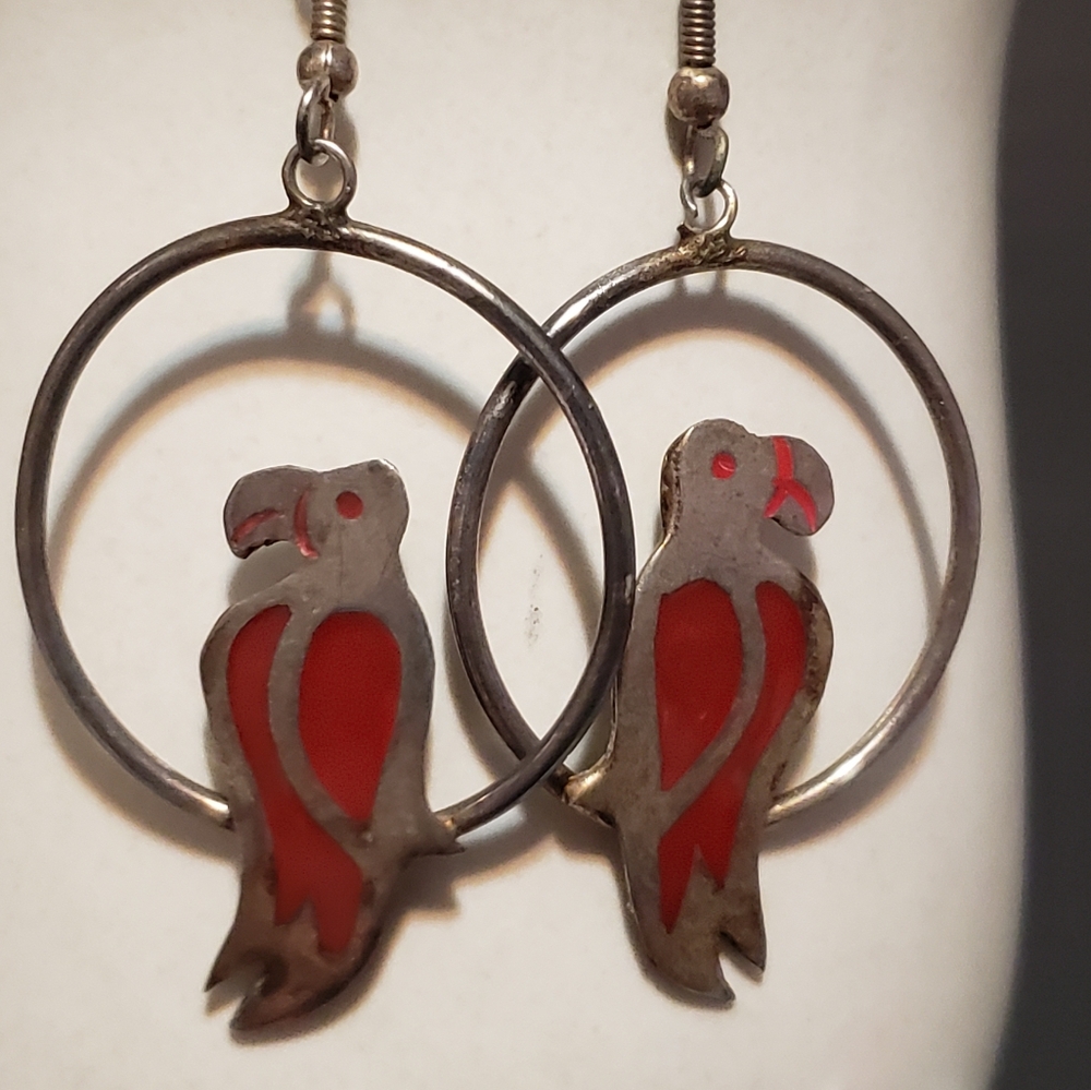 Silver Parrot Earrings Alpaca Mexico Enamel Inlaid Red Dangle